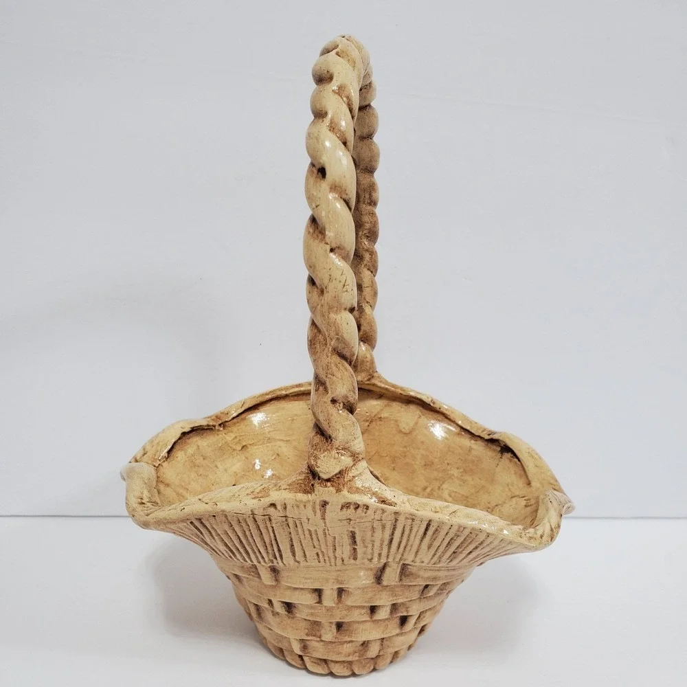 Euro-O-Con Mold Vintage Ceramic Basket Twig Handle Rustic Farmhouse Decor Accent